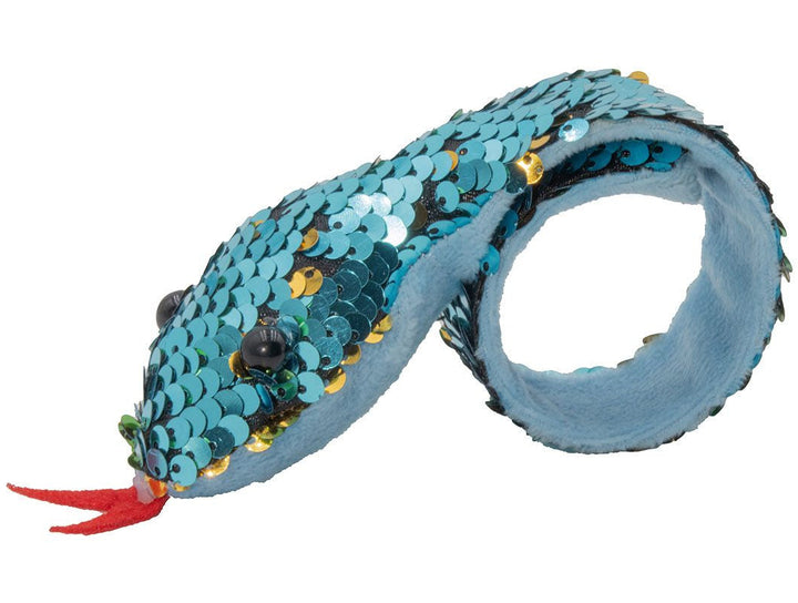 Snaparmband slang met kleurveranderende pailletten opgerold – sensorische fidget armband voor fijne motoriek en prikkelverwerking