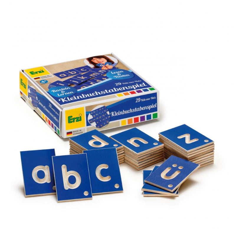 Erzi Lernspiel kleinbuchstaben houten letterkaartjes met verpakking