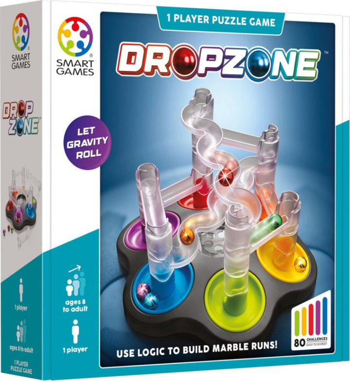 smart games dropzone, motorisch knikkerbaan bouwen, 3d, tweehandig cognetief speel voor jong en oud