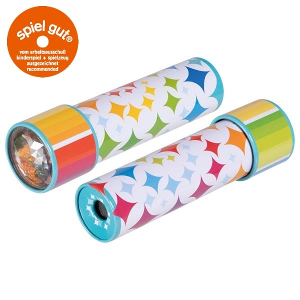 Kleurrijk caleidoscoopeffect met symmetrische galaxy-patronen, twee stuks met spiel gut logo