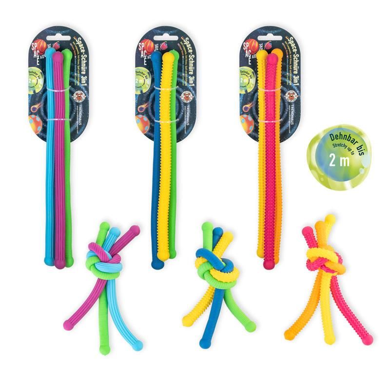 Alle Space Adventure 3in1 stretch snoer setjes in verpakking naast elkaar – motoriek speelgoed en fidget voor zelfregulatie