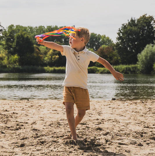 kind dat met een regenbogen hand kite, handvlieger speelt. grove motoriek speelgoed, danslint