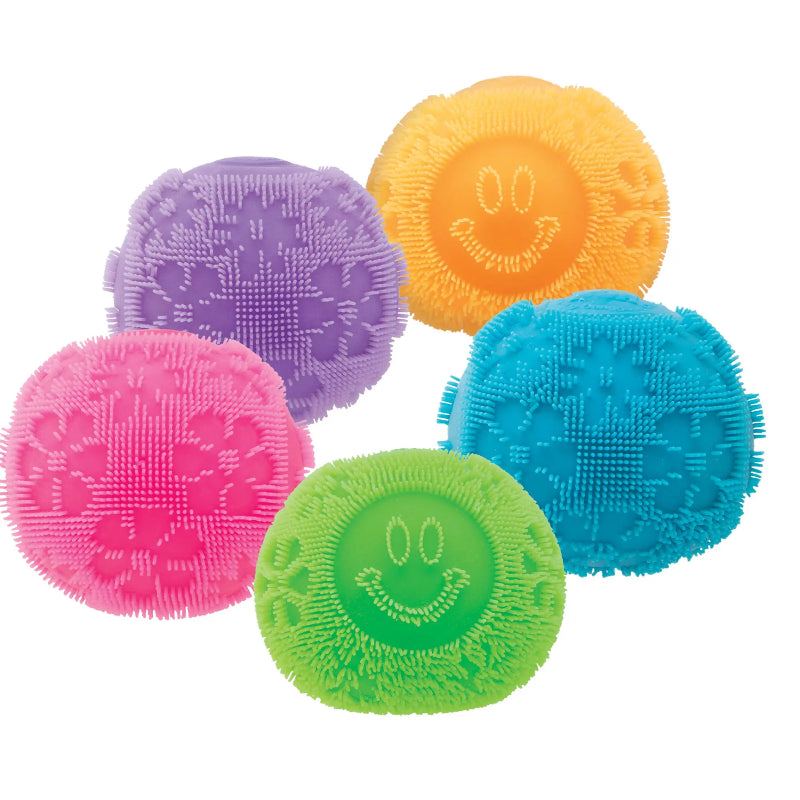 alle 5 kleuren van de needoh fuzz flower power, zachte en lichte antistressball