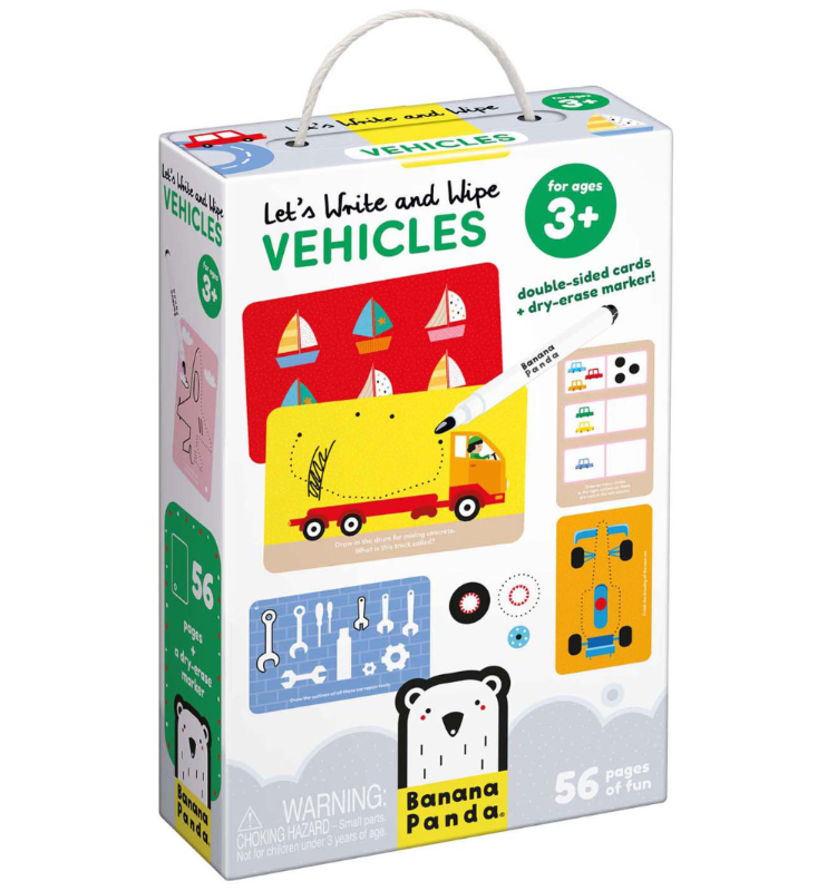Banana Panda Laten We Voertuigen Schrijven en Wissen verpakking. Herbruikbaar schrijf- en wisboek met voertuigen, grafomotorische oefeningen en uitwisbare pagina's voor kinderen.