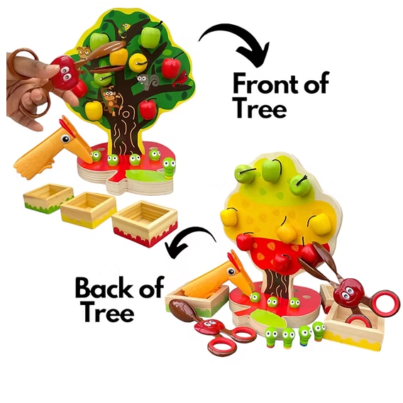 Voor- en achterkant van appelboom speelgoed zichtbaar voor compleet overzicht van het spel