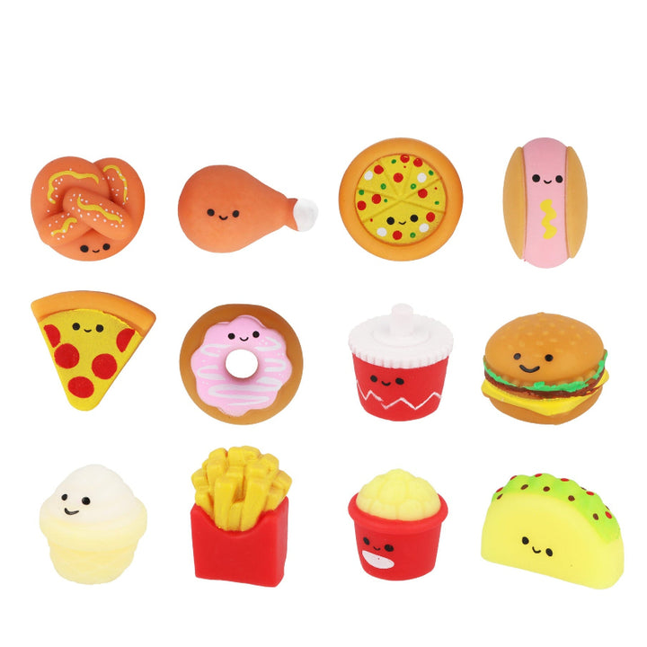 Set van 12 fast food Mochi Squishies met verschillende zachte knijpfiguurtjes in snackvormen