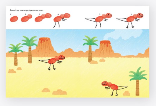 voorbeeldpagina’s uit het vingerstempelboek met dino’s en aangevulde vingerafdrukstempels in verschillende kleuren
