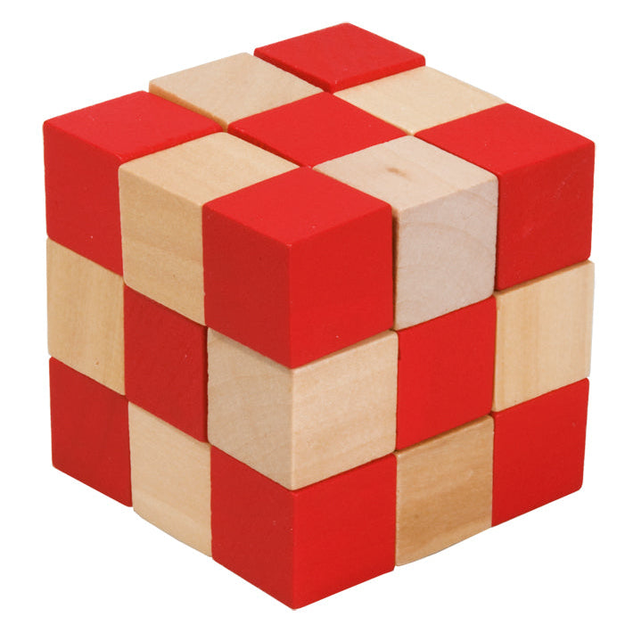 Slangenkubus houten puzzel in rood-natuurlijke tinten – vouwpuzzel voor fijne motoriek en inzicht, kubuspuzzel