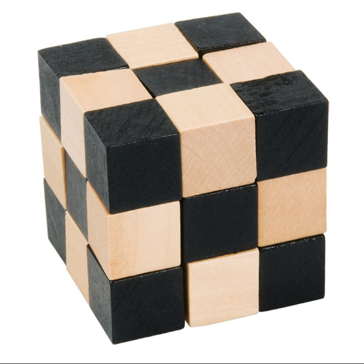 Slangenkubus houten puzzel in zwart-natuurlijke tinten – breinpuzzel voor kinderen en volwassenen, kubus