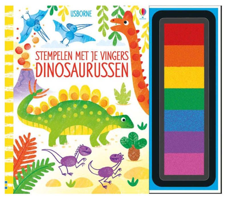 voorkant van het dino vingerstempelboek met kleurrijke illustratie en stempelkussen zichtbaar naast het boek