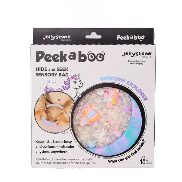peekaboo van jellystond design, unicorn explorer, sensoriek voelzak, speelmateriaal