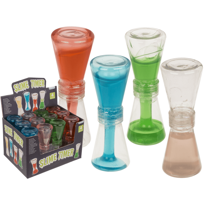 vier kleuren slime timer, rood, blauw, groen en beige